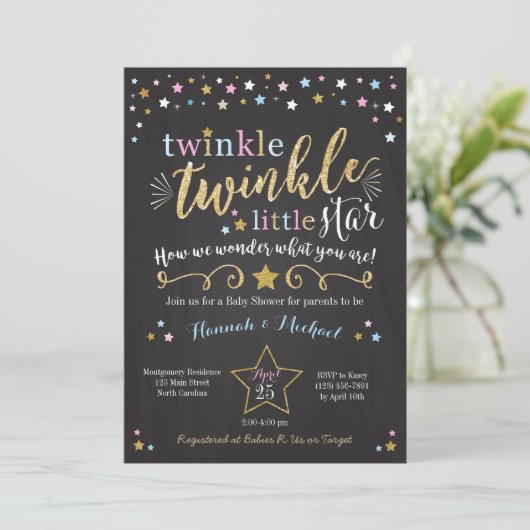 Twinkle Twinkle Little Star Baby Dusche einladen Einladung (Stehend Vorderseite)