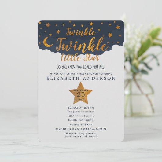 Twinkle Twinkle Little Star Baby Dusche Einladung (Stehend Vorderseite)