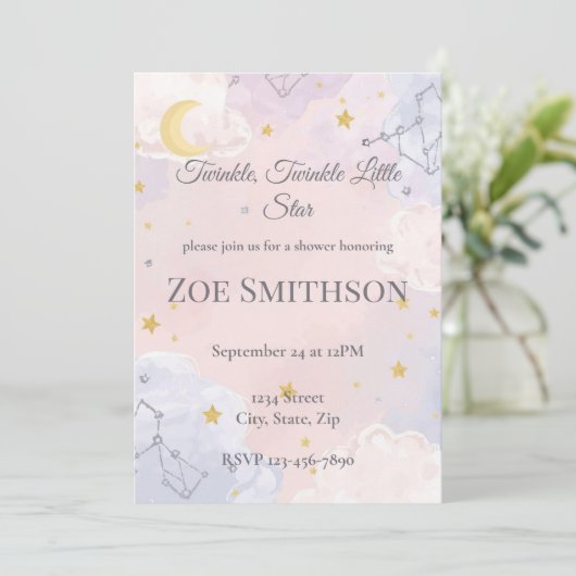 Twinkle Twinkle Little Star Baby Dusche Einladung (Stehend Vorderseite)