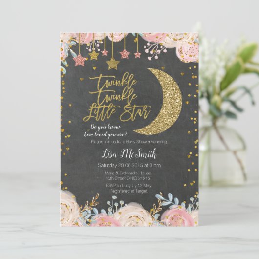 Twinkle Twinkle Little Star Baby Dusche Einladung (Stehend Vorderseite)