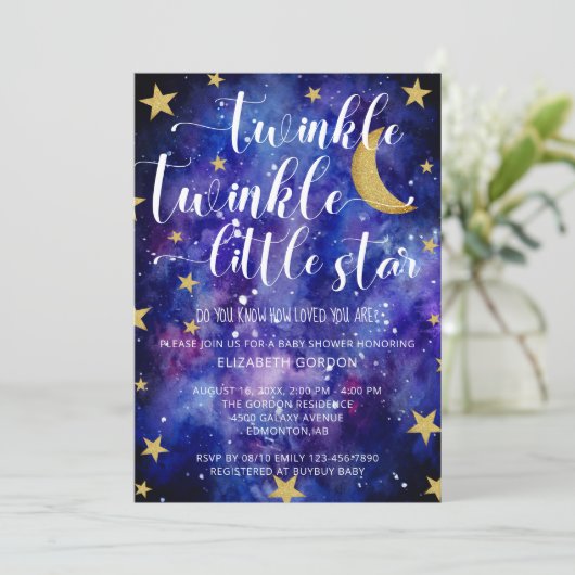 Twinkle Twinkle Little Star Baby Dusche Galaxy in Einladung (Stehend Vorderseite)