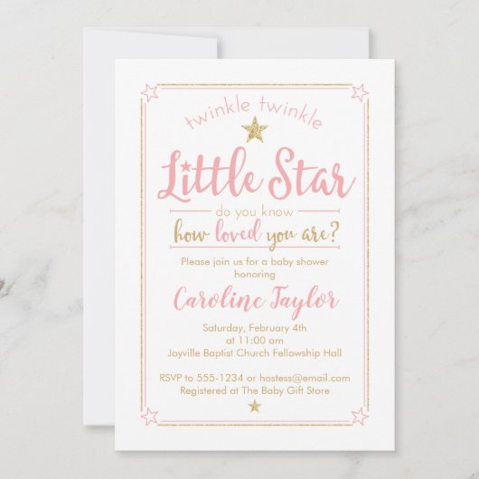 Twinkle Twinkle Little Star Baby Dusche Pink Gold Einladung (Vorderseite)
