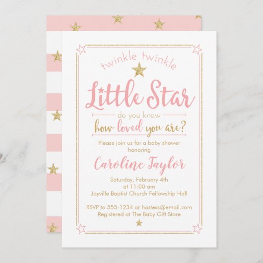 Twinkle Twinkle Little Star Baby Dusche Pink Gold Einladung (Vorne/Hinten)