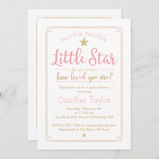 Twinkle Twinkle Little Star Baby Dusche Pink Gold Einladung (Vorne/Hinten)