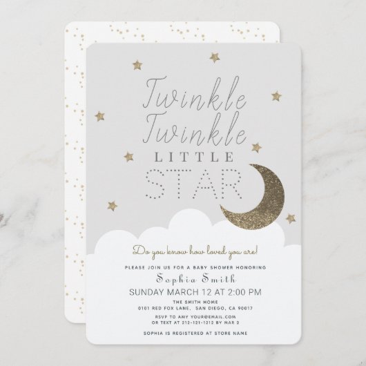 Twinkle Twinkle Little Star Baby Gray Baby Dusche Einladung (Vorne/Hinten)