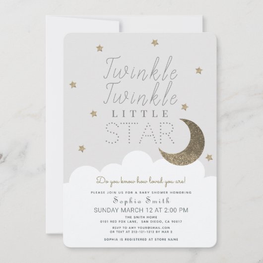Twinkle Twinkle Little Star Baby Gray Baby Dusche Einladung (Vorderseite)