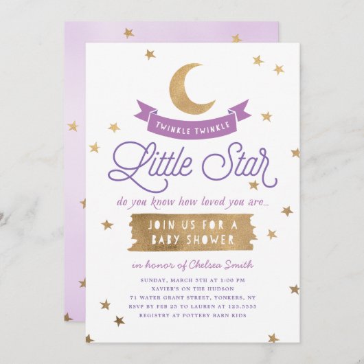 Twinkle Twinkle Little Star| Babydusche| Lila Einladung (Vorne/Hinten)
