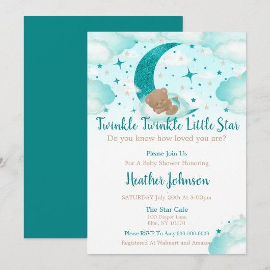 Twinkle Twinkle Little Star Bear Baby Dusche Einladung (Vorne/Hinten)