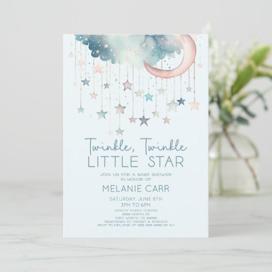 Twinkle Twinkle Little Star Blue Baby Dusche Einladung (Stehend Vorderseite)