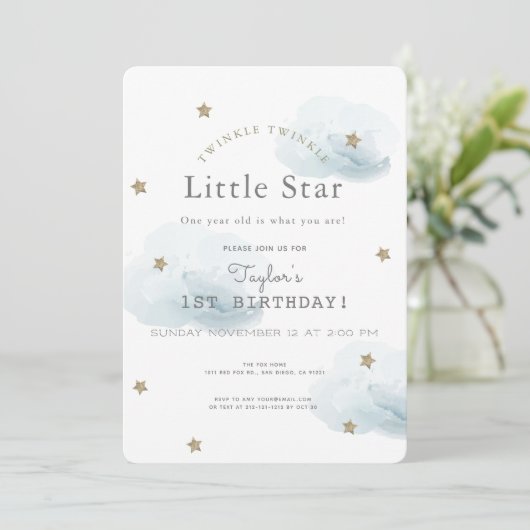 Twinkle Twinkle Little Star Blue Birthday Einladung (Stehend Vorderseite)