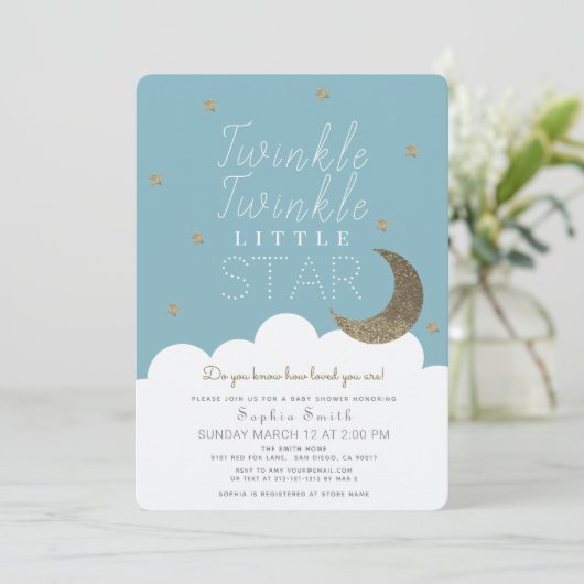 Twinkle Twinkle Little Star Blue Boy Baby Dusche Einladung (Stehend Vorderseite)