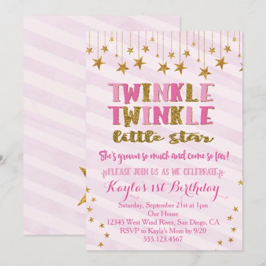 Twinkle Twinkle Little Star Einladung Pink (Vorne/Hinten)