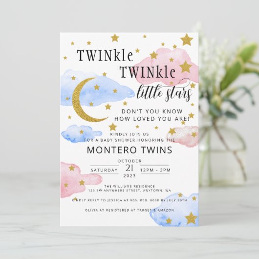 TWINkle TWINkle Little Star Gender Reveal Party Einladung (Stehend Vorderseite)