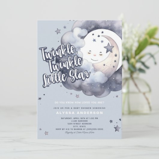 Twinkle Twinkle Little Star Moon Babydusche Einladung (Stehend Vorderseite)