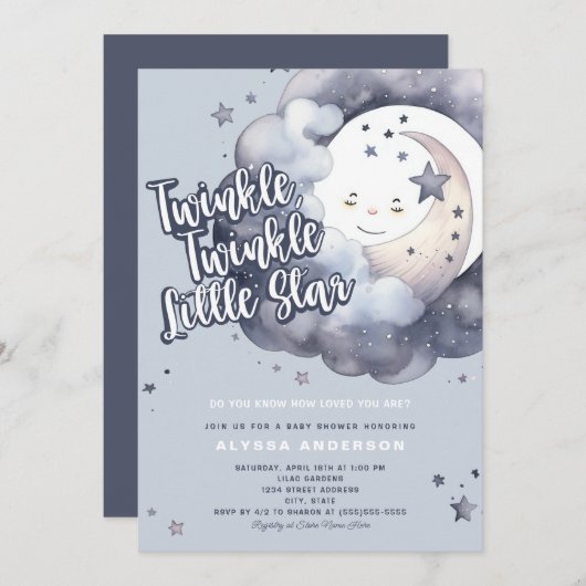 Twinkle Twinkle Little Star Moon Babydusche Einladung (Vorne/Hinten)