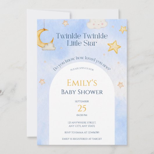 Twinkle Twinkle Little Star Moon Cloud Baby Dusche Einladung (Vorderseite)