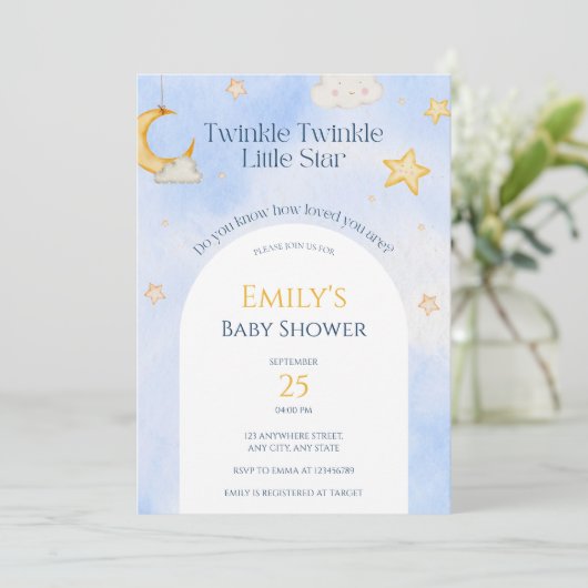 Twinkle Twinkle Little Star Moon Cloud Baby Dusche Einladung (Stehend Vorderseite)