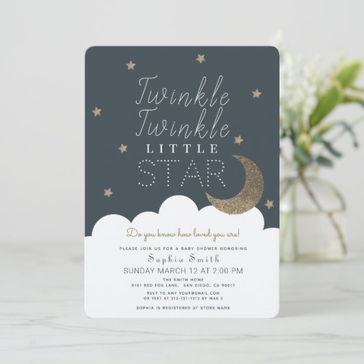 Twinkle Twinkle Little Star Navy Blue Baby Dusche Einladung (Stehend Vorderseite)
