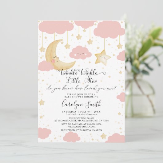 Twinkle Twinkle Little Star Pink Girl Babydusche Einladung (Stehend Vorderseite)