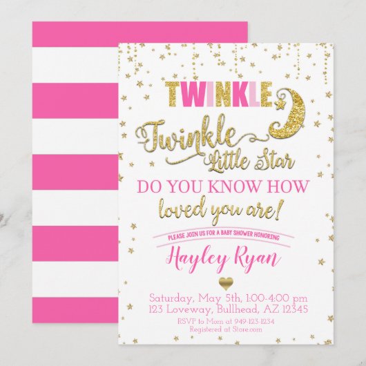 Twinkle Twinkle Little Star Pink Gold Baby Dusche Einladung (Vorne/Hinten)