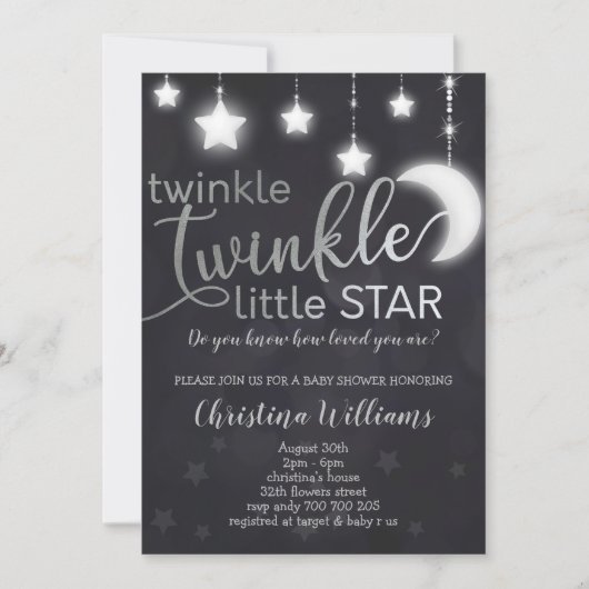Twinkle Twinkle Little Star Silver Baby Dusche Einladung (Vorderseite)