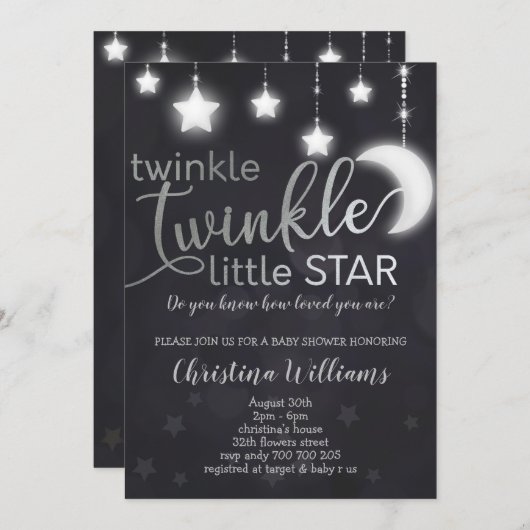 Twinkle Twinkle Little Star Silver Baby Dusche Einladung (Vorne/Hinten)