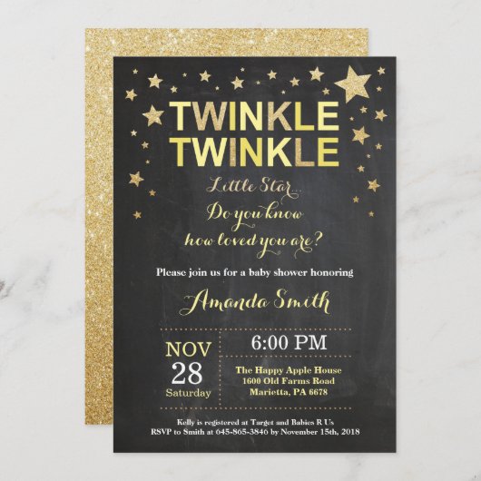 Twinkle Twinkle Little Star Yellow Baby Dusche Einladung (Vorne/Hinten)