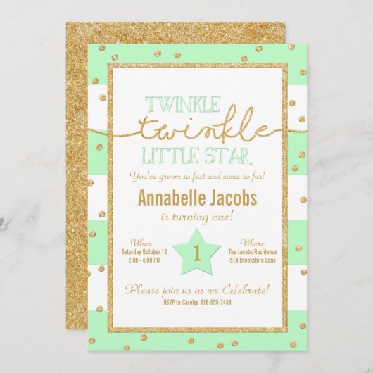 Twinkle Twinkle Mint und Gold Einladung zum Geburt (Vorne/Hinten)