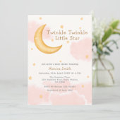 Twinkle Twinkle Moon Stars Girl Babydusche Einladung (Stehend Vorderseite)