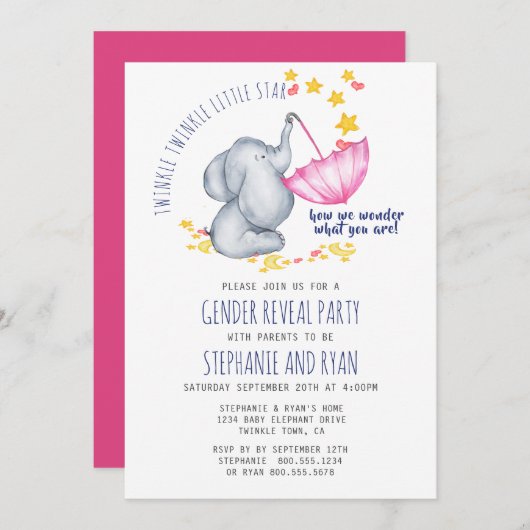 Twinkle Twinkle Navy Pink Elephant Gender Reveal Einladung (Vorne/Hinten)