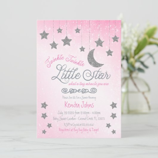 Twinkle Twinkle, Pink Baby Dusche Einladung (Stehend Vorderseite)