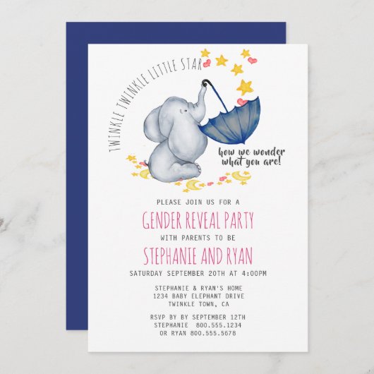 Twinkle Twinkle Pink Navy Elephant Gender Reveal Einladung (Vorne/Hinten)