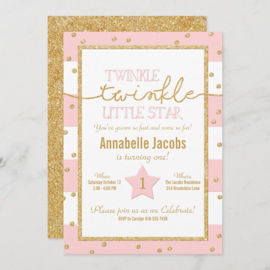 Twinkle Twinkle Pink und Gold Einladung zum Geburt (Vorne/Hinten)