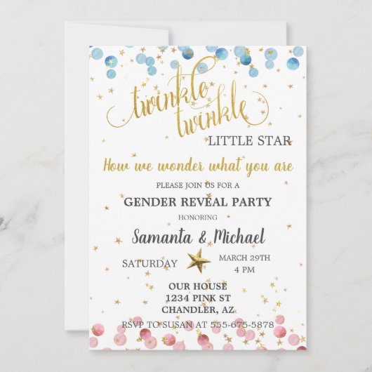 Twinkle Twinkle Star Gold Gender Reveal Party Einladung (Vorderseite)