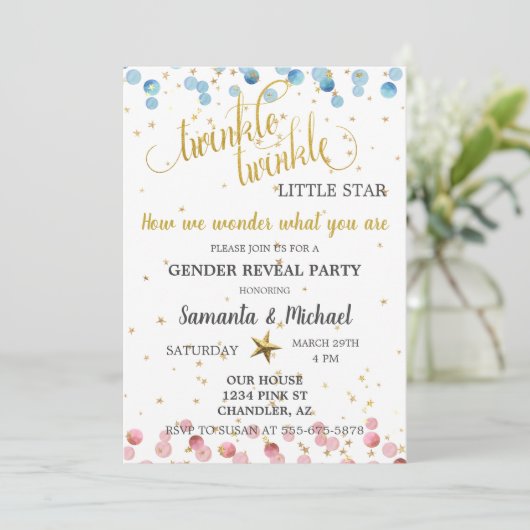 Twinkle Twinkle Star Gold Gender Reveal Party Einladung (Stehend Vorderseite)