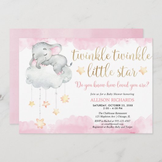 Twinkle winzige Stern-Rosa-Goldene Babydusche Einladung (Vorne/Hinten)