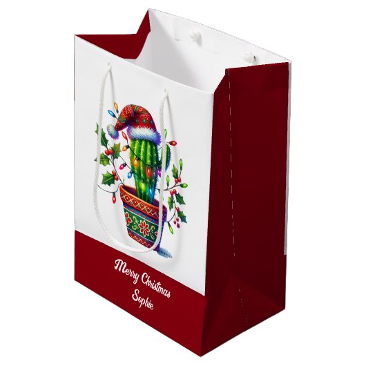 Twinkling Cactus Christmas Mittlere Geschenktüte (Vorderseite Schrägansicht)