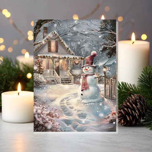 Twinkling Cozy Christmas Cottage with Snowman Karte