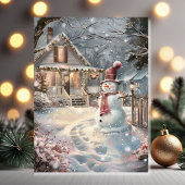 Twinkling Cozy Christmas Cottage with Snowman Karte