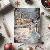 Twinkling Cozy Christmas Cottage with Snowman Karte
