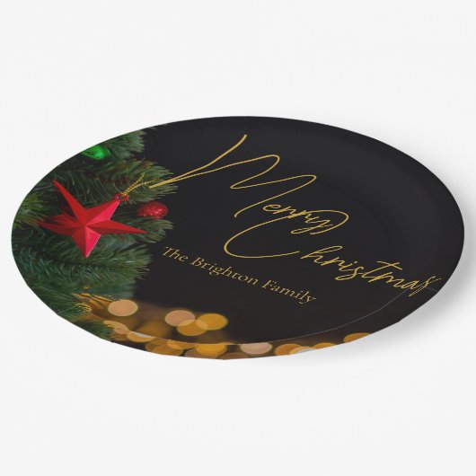 Twinkling Gold Lights Modernes fröhliches Weihnach Pappteller (Schrägansicht)