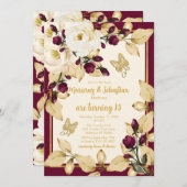 Twins 15. Geburtstag Champagne Burgundy Gold Frame Einladung (Vorne/Hinten)