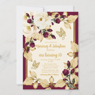 Twins 15. Geburtstag Champagne Burgundy Gold Frame Einladung