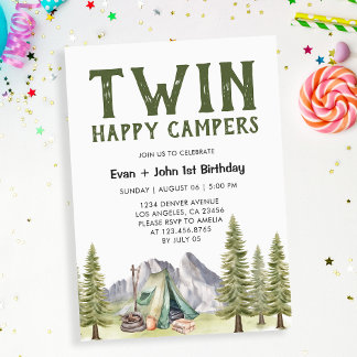 Twins 1. Geburtstag Happy Campers Rustic Einladung