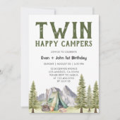 Twins 1. Geburtstag Happy Campers Rustic Einladung (Vorderseite)