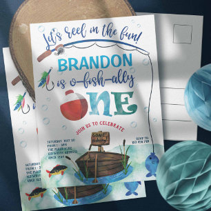 Twins 1. Geburtstag O-fish-Ally, Little Fisherman Einladungspostkarte