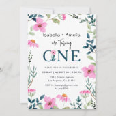 Twins 1. Geburtstag Party Wildblumen Thema Einladung (Vorderseite)