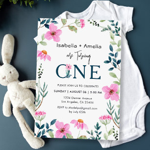 Twins 1. Geburtstag Party Wildblumen Thema Einladung