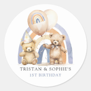 Twins 1. Geburtstag Wasserfarbe Teddy Bears Runder Aufkleber