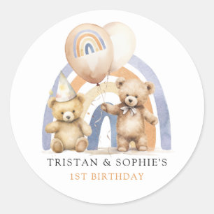 Twins 1. Geburtstag Wasserfarbe Teddy Bears Runder Aufkleber